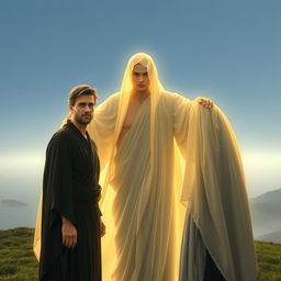 Two consort dakas, depicted as strikingly handsome 20-year-old Greek men, dressed in elegant black and grey robes, stand together in front of Mara, portrayed as an apparition-being enveloped in flowing robes of glowing morning light