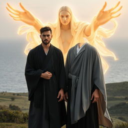 Two consort dakas, depicted as strikingly handsome 20-year-old Greek men, dressed in elegant black and grey robes, stand together in front of Mara, portrayed as an apparition-being enveloped in flowing robes of glowing morning light