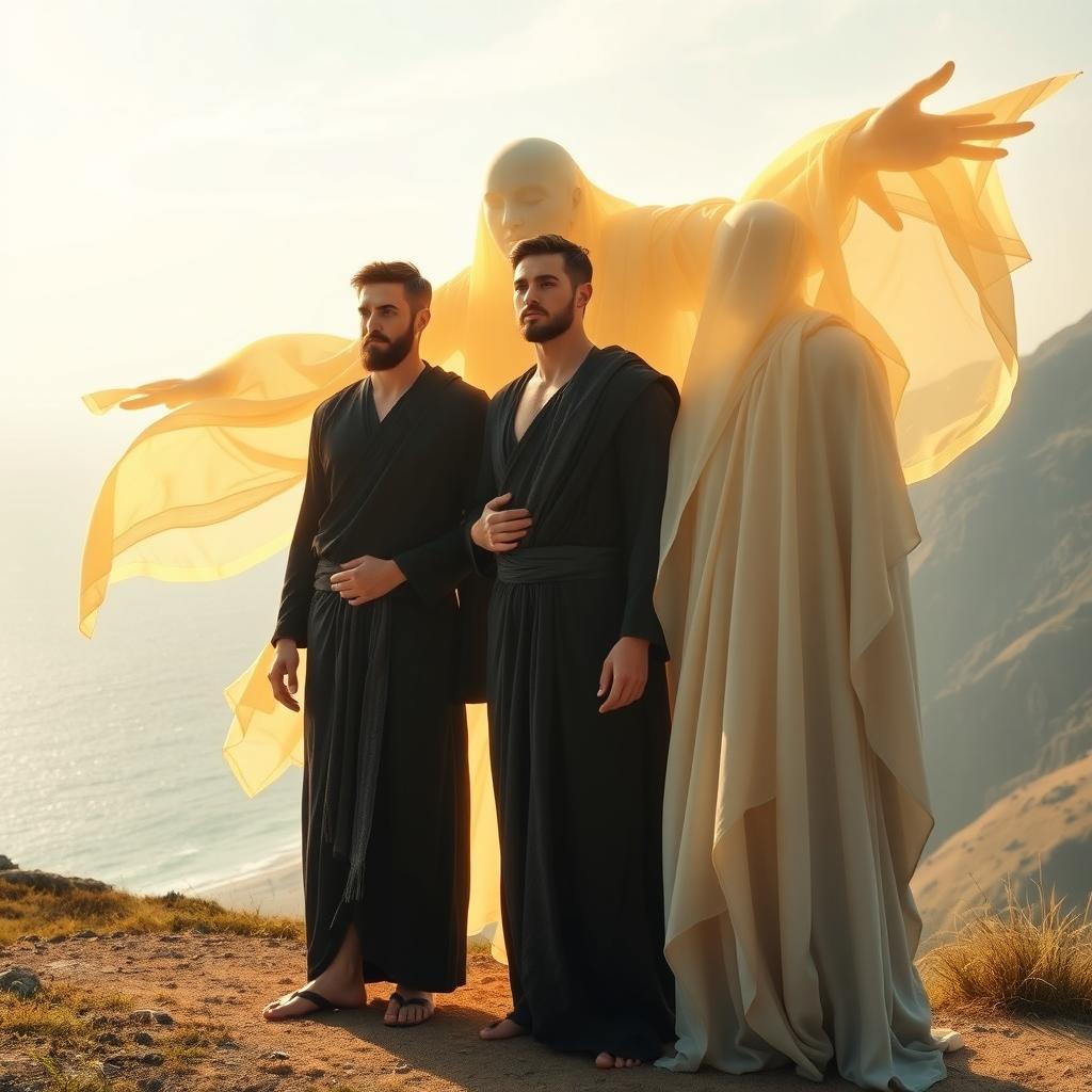 Two consort dakas, depicted as strikingly handsome 20-year-old Greek men, dressed in elegant black and grey robes, stand together in front of Mara, portrayed as an apparition-being enveloped in flowing robes of glowing morning light