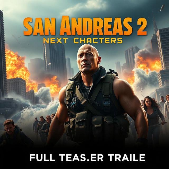 An action-packed promotional poster for 'San Andreas 2: Next Chapter – Full Teaser Trailer', featuring breathtaking imagery of a massive earthquake unfolding