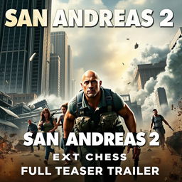 An action-packed promotional poster for 'San Andreas 2: Next Chapter – Full Teaser Trailer', featuring breathtaking imagery of a massive earthquake unfolding