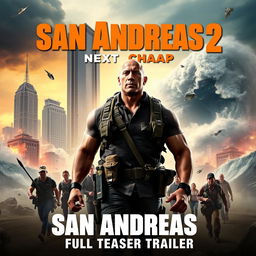 An action-packed promotional poster for 'San Andreas 2: Next Chapter – Full Teaser Trailer', featuring breathtaking imagery of a massive earthquake unfolding