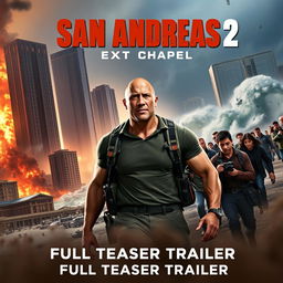 An action-packed promotional poster for 'San Andreas 2: Next Chapter – Full Teaser Trailer', featuring breathtaking imagery of a massive earthquake unfolding