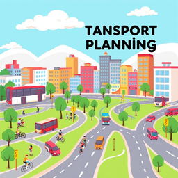 A colorful, cartoon-style cover page for a transport planning document with no text