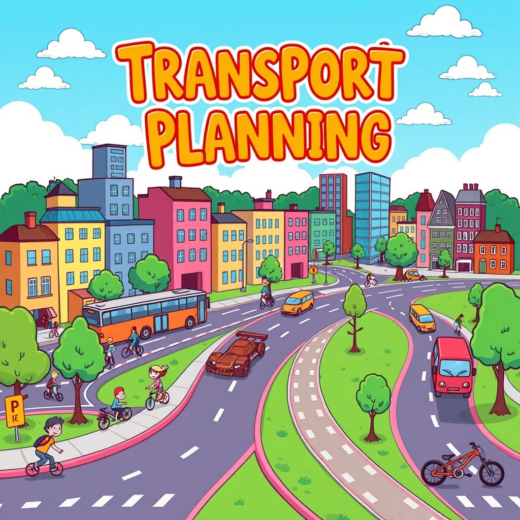 A colorful, cartoon-style cover page for a transport planning document with no text