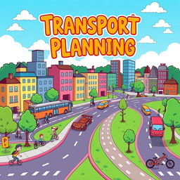 A colorful, cartoon-style cover page for a transport planning document with no text