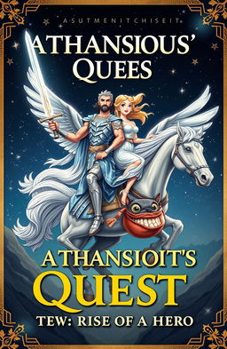 An ancient Greek themed book cover titled 'Athansious' Quest: The Rise of a Hero'