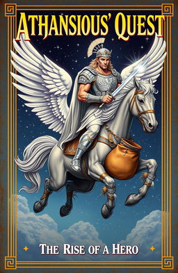 An ancient Greek themed book cover titled 'Athansious' Quest: The Rise of a Hero'