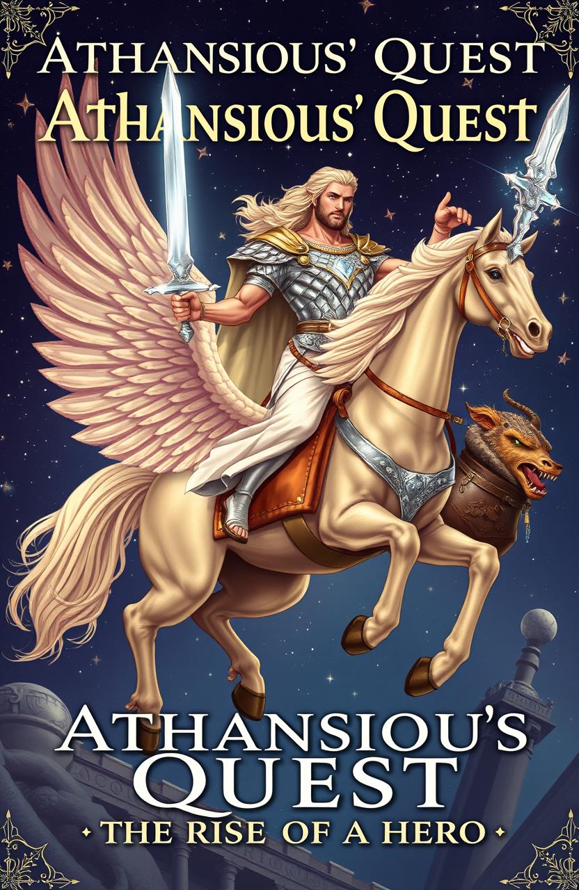 An ancient Greek themed book cover titled 'Athansious' Quest: The Rise of a Hero'