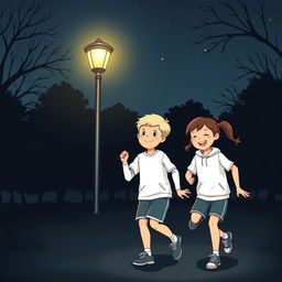An illustration of two children in a dark park, wearing smart and modest sports clothing