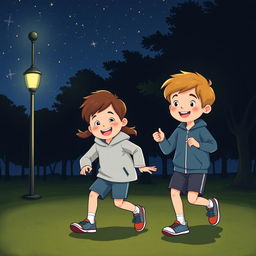 An illustration of two children in a dark park, wearing smart and modest sports clothing