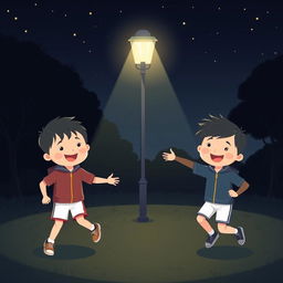 An illustration of two children in a dark park, wearing smart and modest sports clothing