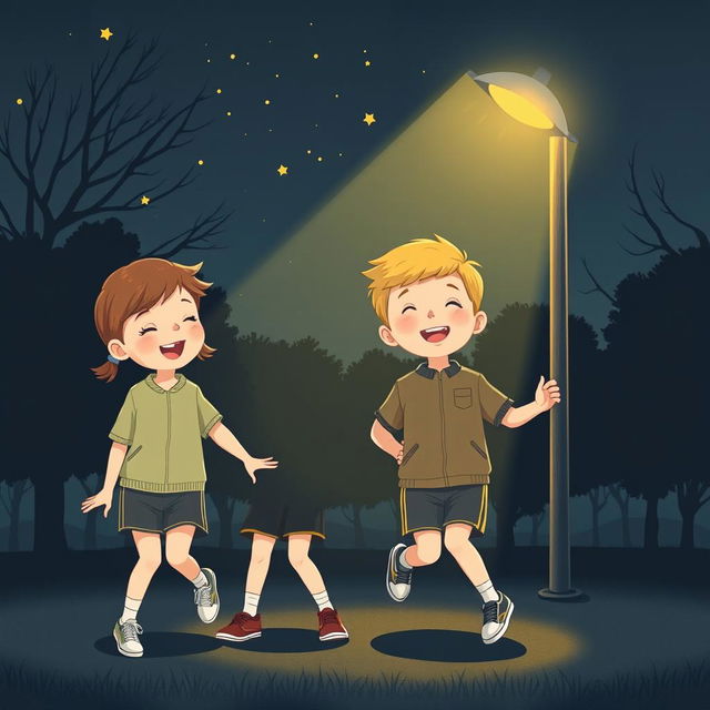 An illustration of two children in a dark park, wearing smart and modest sports clothing