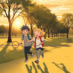 An illustration of two children in a park during the late afternoon, wearing smart and modest sports clothing