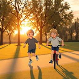 An illustration of two children in a park during the late afternoon, wearing smart and modest sports clothing