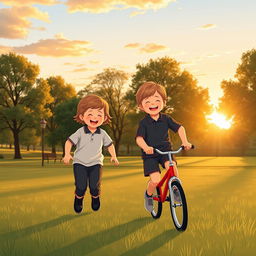 An illustration of two children in a park during the late afternoon, wearing smart and modest sports clothing