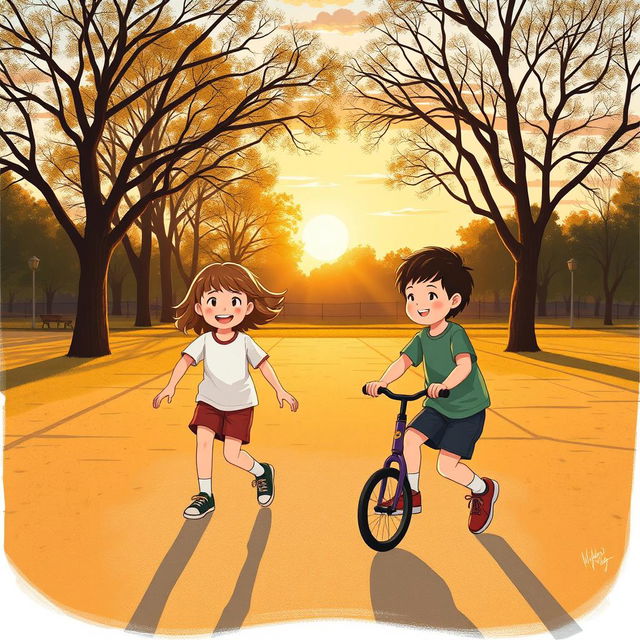 An illustration of two children in a park during the late afternoon, wearing smart and modest sports clothing