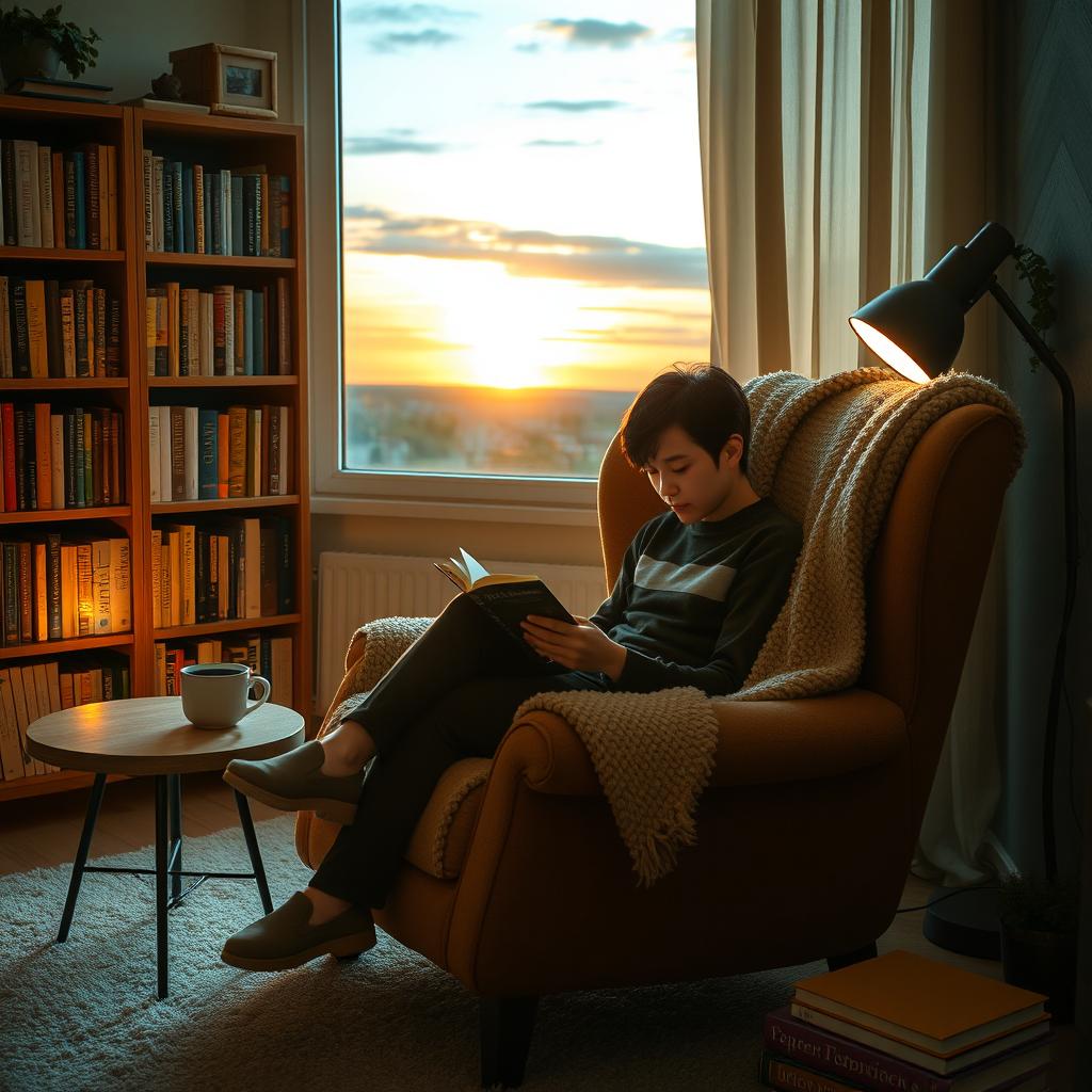 A cozy living room scene featuring a comfortable armchair with a plush blanket draped over it