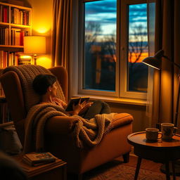 A cozy living room scene featuring a comfortable armchair with a plush blanket draped over it