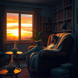 A cozy living room scene featuring a comfortable armchair with a plush blanket draped over it