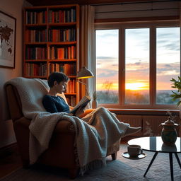 A cozy living room scene featuring a comfortable armchair with a plush blanket draped over it