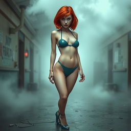 A full body view of a thin Russian girl with red hair styled in a chic bob, featuring decorative elements such as piercings