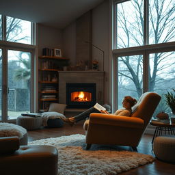 A cozy living room filled with warm light, featuring a person sitting comfortably on a plush armchair, immersed in reading a book