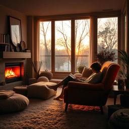 A cozy living room filled with warm light, featuring a person sitting comfortably on a plush armchair, immersed in reading a book