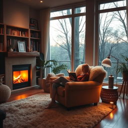 A cozy living room filled with warm light, featuring a person sitting comfortably on a plush armchair, immersed in reading a book