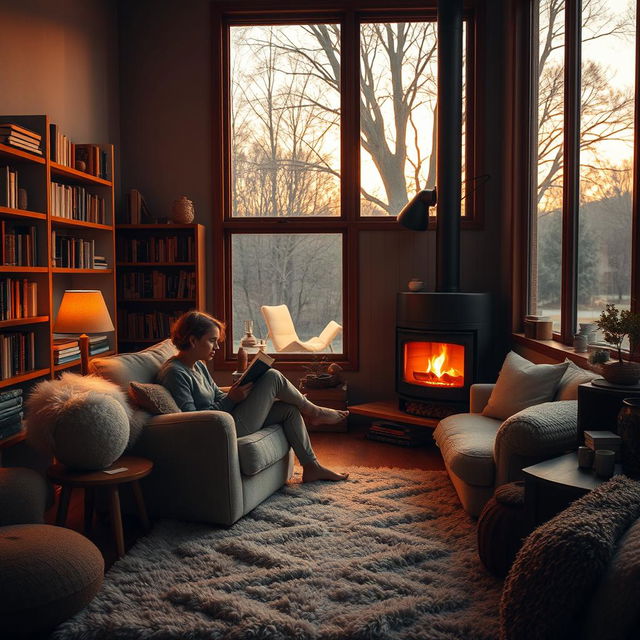 A cozy living room filled with warm light, featuring a person sitting comfortably on a plush armchair, immersed in reading a book