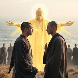 Two consort dakas, portrayed as strikingly handsome smooth-faced 20-year-old Greek men, dressed in elegant black and grey silk Buddhist robes, come together in a sacred ritual in front of Mara