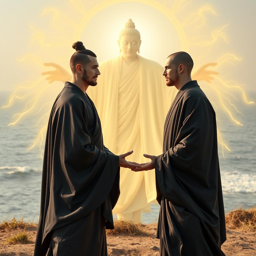 Two consort dakas, portrayed as strikingly handsome smooth-faced 20-year-old Greek men, dressed in elegant black and grey silk Buddhist robes, come together in a sacred ritual in front of Mara