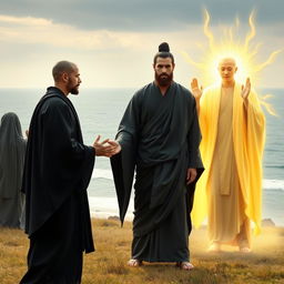 Two consort dakas, portrayed as strikingly handsome smooth-faced 20-year-old Greek men, dressed in elegant black and grey silk Buddhist robes, come together in a sacred ritual in front of Mara