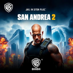 An exciting promotional poster for 'San Andreas 2', featuring Dwayne Johnson at the forefront, displaying a heroic stance amidst a backdrop of a chaotic disaster scene