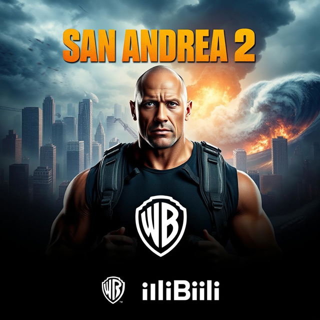 An exciting promotional poster for 'San Andreas 2', featuring Dwayne Johnson at the forefront, displaying a heroic stance amidst a backdrop of a chaotic disaster scene