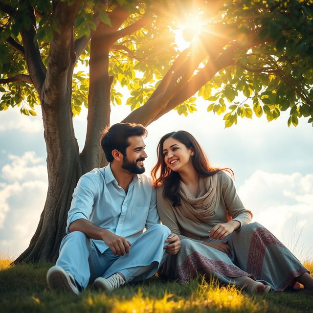 An artistic representation of friendship in a serene environment, showcasing two individuals sitting together under a tree, engaged in a discussion about spirituality and faith