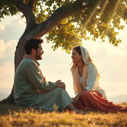 An artistic representation of friendship in a serene environment, showcasing two individuals sitting together under a tree, engaged in a discussion about spirituality and faith