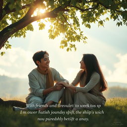 An artistic representation of friendship in a serene environment, showcasing two individuals sitting together under a tree, engaged in a discussion about spirituality and faith