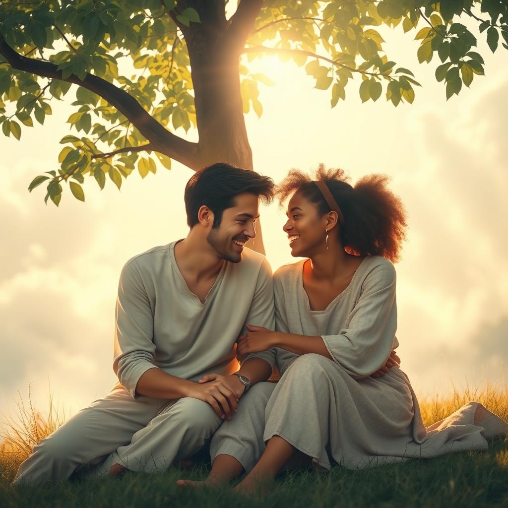 An artistic representation of friendship in a serene environment, showcasing two individuals sitting together under a tree, engaged in a discussion about spirituality and faith