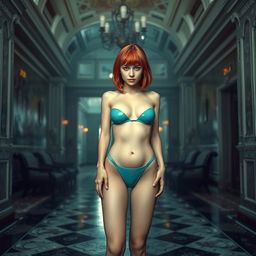 A full body view of a thin Russian girl with red hair styled in a chic bob, featuring stylish piercings