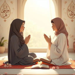 An inspiring scene illustrating the essence of true friendship in a tranquil setting, depicting two friends praying together in a serene environment, possibly in a sunlit garden or a peaceful room adorned with Islamic calligraphy