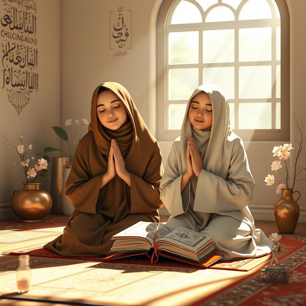 An inspiring scene illustrating the essence of true friendship in a tranquil setting, depicting two friends praying together in a serene environment, possibly in a sunlit garden or a peaceful room adorned with Islamic calligraphy