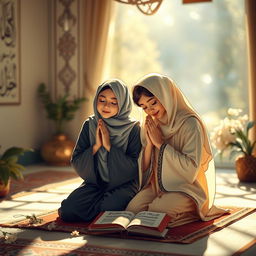 An inspiring scene illustrating the essence of true friendship in a tranquil setting, depicting two friends praying together in a serene environment, possibly in a sunlit garden or a peaceful room adorned with Islamic calligraphy