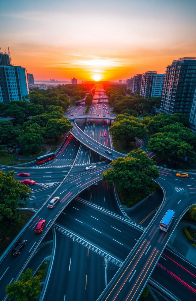 A stunning aerial view of a busy road intersection at sunset, showcasing the intricate patterns created by the overlapping roads