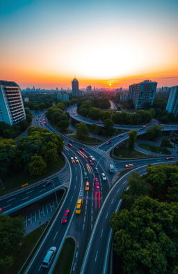 A stunning aerial view of a busy road intersection at sunset, showcasing the intricate patterns created by the overlapping roads
