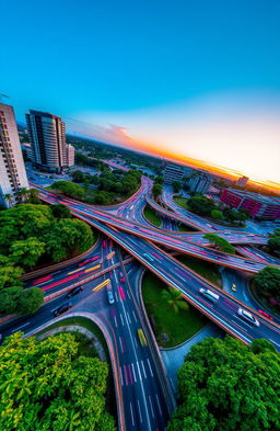 A stunning aerial view of a busy road intersection at sunset, showcasing the intricate patterns created by the overlapping roads