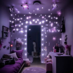 A modern room for an 18-year-old balancing tomboy and girly aesthetics, decorated in hues of purple, black, white, grey, and illuminated with fairy, moon, star lights. The room has influences from anime, kdrama, and Sanatan Dharma, with a butterfly mirror wall décor kept minimalist.