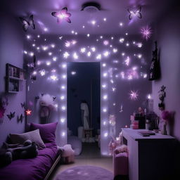 A modern room for an 18-year-old balancing tomboy and girly aesthetics, decorated in hues of purple, black, white, grey, and illuminated with fairy, moon, star lights. The room has influences from anime, kdrama, and Sanatan Dharma, with a butterfly mirror wall décor kept minimalist.