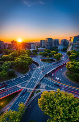 A stunning aerial view of a busy road intersection at sunset, showcasing the intricate patterns created by the overlapping roads