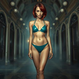 A full body view of a thin Russian girl with red hair styled in a chic bob, featuring enhancements that accentuate her figure